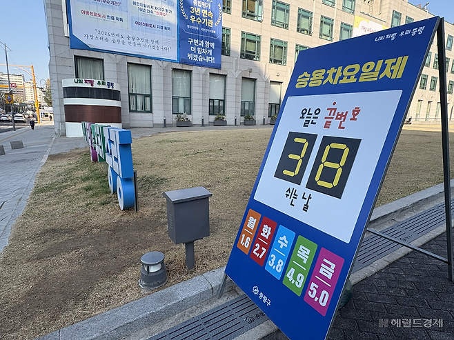 8일 오전 서울 중랑구청 주차장 입구에 승용차요일제 안내문이 붙은 모습. 정주원 기자