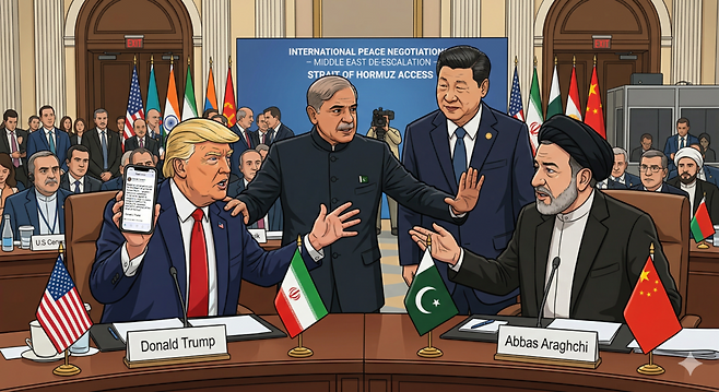 미국과 이란의 강대강 대치를 중재하는 파키스탄과 중국의 모습을 AI를 활용해 가상으로 만든 이미지. 왼쪽부터 도널드 트럼프 미국 대통령, 셰바즈 샤리프 파키스탄 총리, 시진핑 중국 국가 주석, 압바스 아락치 이란 외무장관 ⓒ 제미나이 생성 AI 이미지
