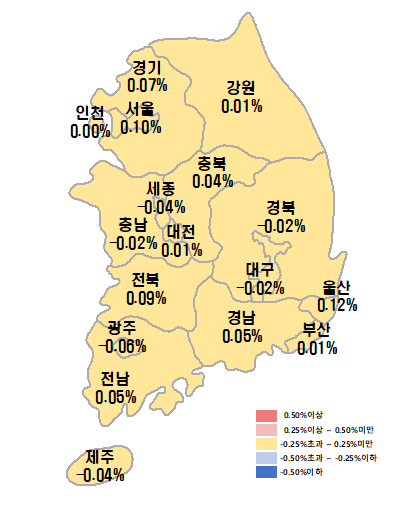 4월 1주차 전국 시도별 아파트 매매가격지수 변동률. 한국보동산원