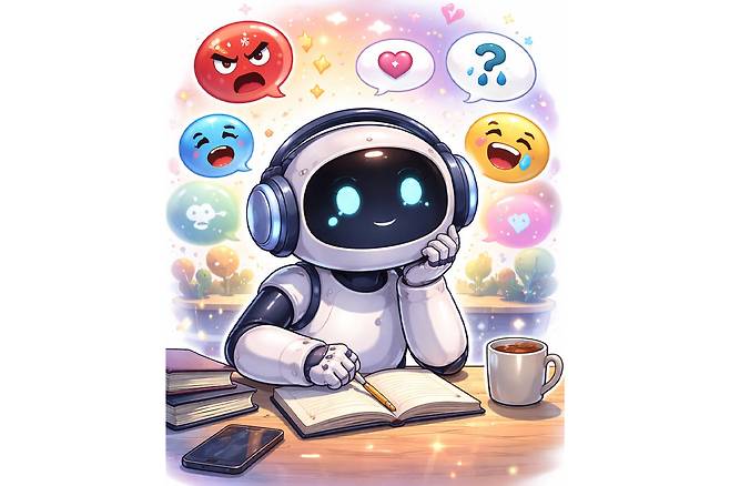 사용자의 이야기를 듣고 반응을 고민하는 인공지능을 표현한 이미지. (챗GPT 생성)