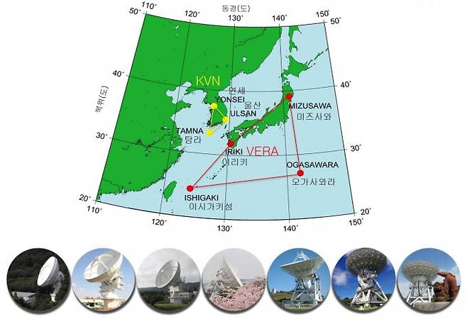 한일공동 우주전파관측망(KaVA) 망원경 배치도(위)와 각 지점의 전파망원경(아래). 천문연, NAOJ 제공