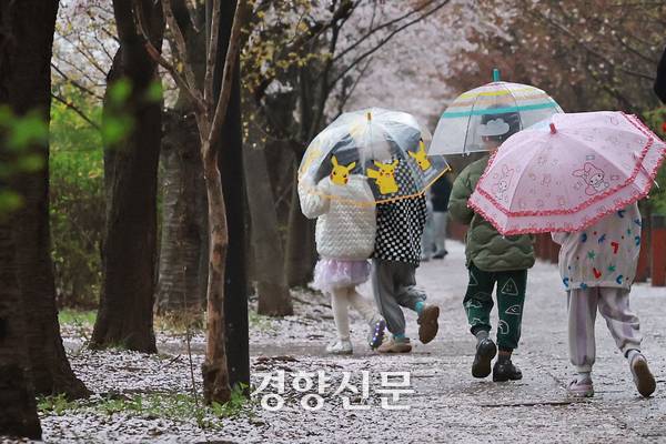 봄비가 내린 지난 6일 서울 여의도 윤중로 벚꽃길에서 어린이들이 우산을 함께 쓰고 가고 있다. 정효진 기자