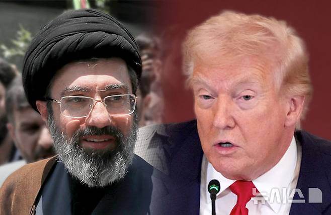 [서울=뉴시스] 도널드 트럼프 미국 대통령(오른쪽)과 모즈타바 하메네이 이란 최고지도자. 2026.04.09.