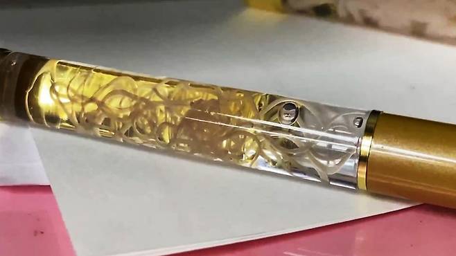 살아있는 고래회충이 담긴 볼펜 [출처=X tada2547]