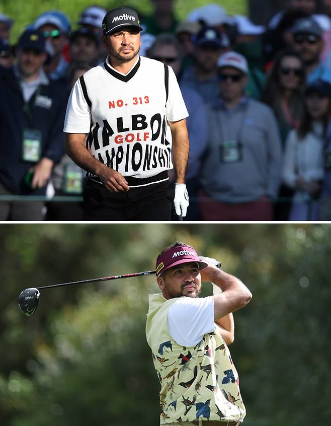 제이슨 데이가 2024년 마스터스 토너먼트 1라운드에 입었다가 착용 금지당한 의상(위)과 올해 연습라운드에서 허용된 ‘새 그림’ 의상(아래). 게티이미지코리아