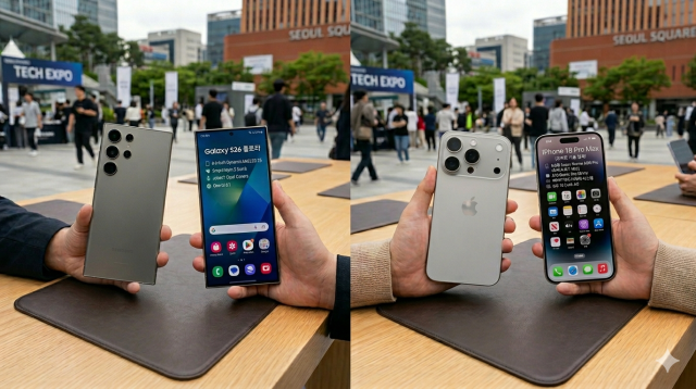 삼성전자 갤럭시 S26 울트라(왼쪽)와 애플 아이폰18(가상 이미지) [사진=구글 제미나이]