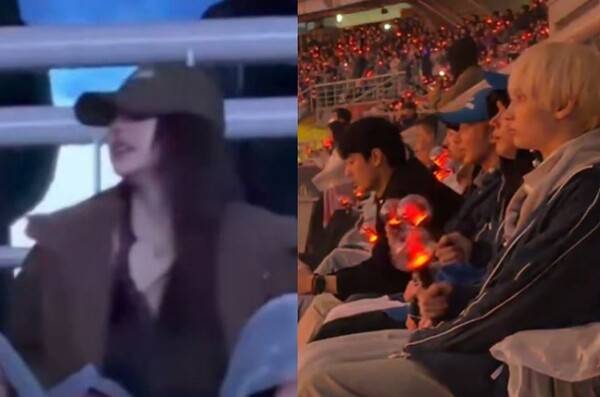 9일 고양시에서 열린 방탄소년단 콘서트를 찾은 아이브 장원영(왼쪽)과 그룹 투모로우바이투게더 ⓒX 캡처