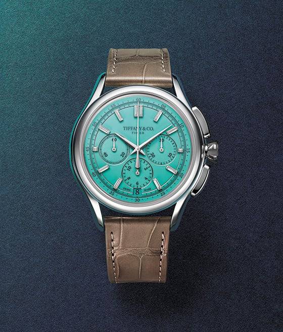 플래티넘 케이스와 티파니 블루® 다이얼, 바게트 컷 다이아몬드 인덱스로 하우스의 노하우와 정체성을 보여주는 티파니 타이머 워치. /티파니앤코 제공