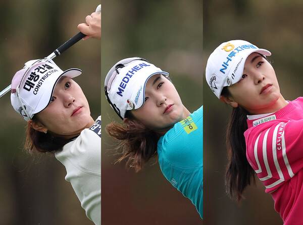 2026년 한국여자프로골프(KLPGA) 투어 iM금융오픈 둘째 날 동반 플레이한 김민선7, 박현경, 이가영 프로가 2라운드에서 경기하는 모습이다. 사진제공=KLPGA (사진을 무단으로 사용하지 마십시오.)