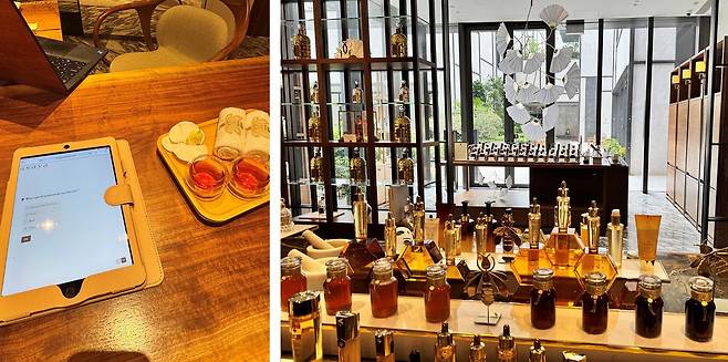 아사야 프로그램은 각 게스트가 원하는 방향에 맞춰 진행된다. 왼쪽은 마사지 전 개인의 취향을 물어보는 설문조사, 오른쪽은 아사야 입구에 있는 겔랑 제품들이다. 사진 선희연 기자