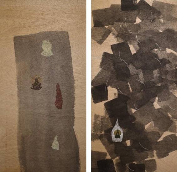 〈벼루, 슈루거, 2025〉 우드컷, 먹, 분채, 금분, 은분, 120 × 60cm, 이지이