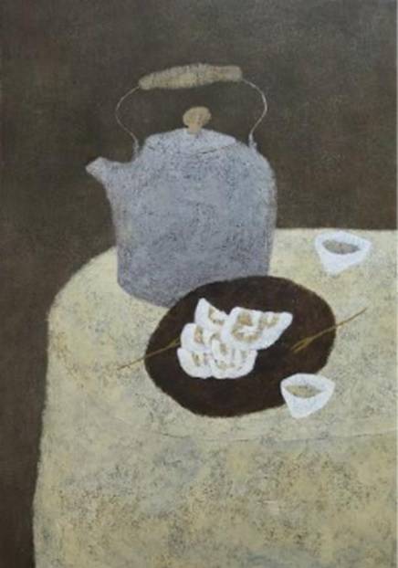 〈참외와 차 한잔, 2026〉 Acrylic on Jangji, 72.7 × 50cm, 김지애