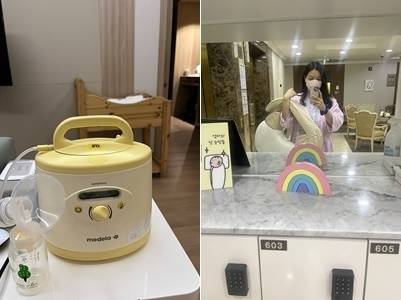 산후조리원에 배치된 유축기(왼쪽)와 ‘수유 콜’을 받고 수유실로 향하는 산모의 모습. 서울신문 DB