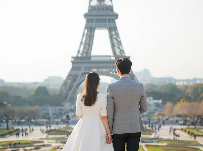 파리에서 신혼여행의 순간을 담는 신랑신부를 표현한 AI 이미지. 사진제공|Canva AI