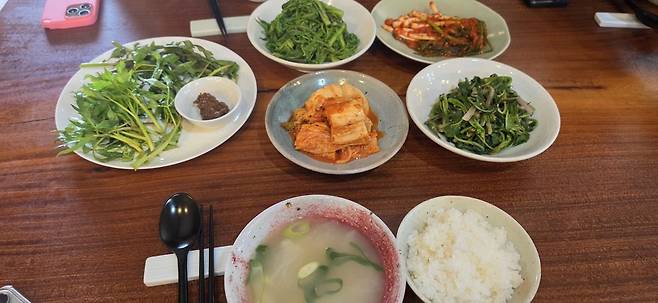 이날 먹은 봄내음이 가득한 점심. 지난해 직접 담갔다는 된장이 특히 별미였다.