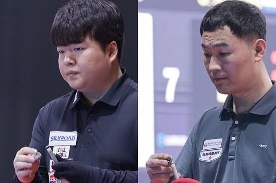 조명우(왼쪽)와 최완영이 11일 오전(한국시간) 열린 콜롬비아 보고타3쿠션월드컵 32강 조별리그를 통과, 16강에 진출했다. (사진=SOOP)