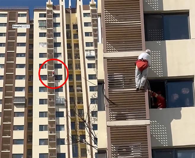 중국에서 맨몸으로 27층 아파트 외벽을 타고 내려오는 89세 할머니가 무사히 구조됐다./사진=더우인