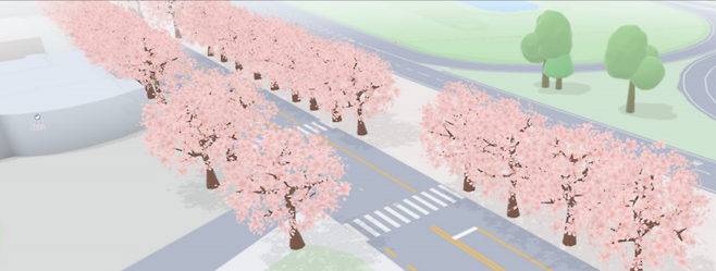 현대오토에버의 차세대 모빌리티 플랫폼 ‘루토’ 속 벚꽃 3D 모델링 화면 [현대오토에버 제공]
