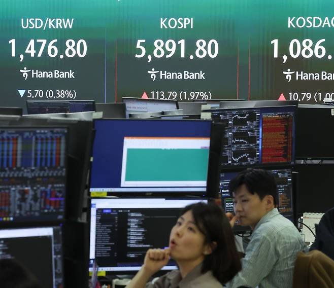 10일 서울 중구 하나은행 본점 딜링룸 전광판에 지수가 표시되고 있다./뉴스1