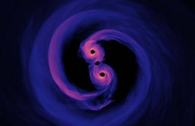 두 초대질량 블랙홀이 합쳐지는 과정을 컴퓨터로 시뮬레이션한 장면. NASA 고다드 우주비행센터, 스캇 노블 제공