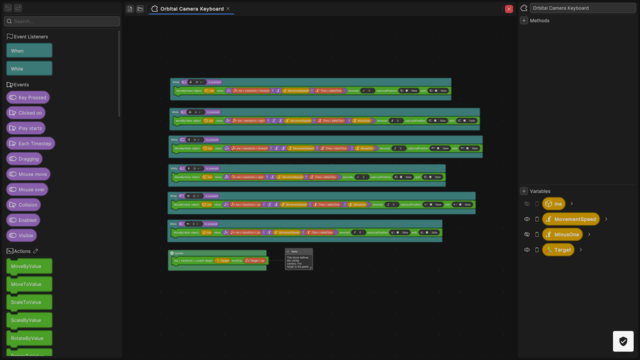 코드 작성 없이 드래그 앤 드롭으로 블록 코딩하면 시뮬레이션을 구현할 수 있다. 유니티 제공