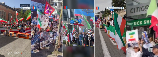 왼쪽부터 세계 각국 현지시간 4월 11일 스위스 베른 주재 미국대사관 인근, 덴마크 코펜하겐 주재 미국대사관 인근, 일본 도쿄 주재 미국대사관 인근, 스페인 바로셀로나 주재 미국대사관 인근, 뉴질랜드 최대도시 오클랜드 주재 미국 영사관 인근에서 열린 재외 이란인들의 이란 정권교체·팔레비 왕조 복고 촉구 집회 현장들.[‘레자 팔레비 커뮤니케이션스’·‘이란인터내셔널’ X 계정 영상 갈무리]