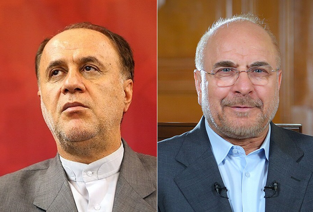 오른쪽부터 이란 국회인 이슬람자문회의(마즐리스)의 모하마드 바게르 갈리바프 의장, 하미드레자 하지 바바이 제2부의장.[위키 대백과 사진 갈무리]