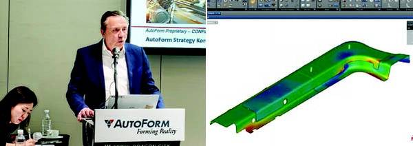 오토폼엔지니어링 올리비에 르퇴르트르(Olivier Leteurtre) CEO가 기자간담회에서 AI 시뮬레이션을 강조하고 있다(왼쪽). 오른쪽 사진은 AI를 활용해 조립 모듈 보완 작업을 시뮬레이션 한 모습. 정옥재 기자, 오토폼엔지니어링 제공
