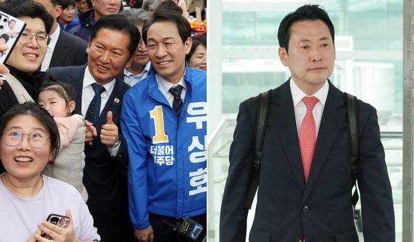 더불어민주당 정청래 대표와 강원도지사 후보로 확정된 우상호 전 청와대 정무수석이 12일 강원 춘천시 풍물시장에서 시민과 사진을 찍고 있다. 오른쪽 사진은 국민의힘 장동혁 대표가 지난 11일 미국 워싱턴DC로 출국하는 모습. 연합뉴스