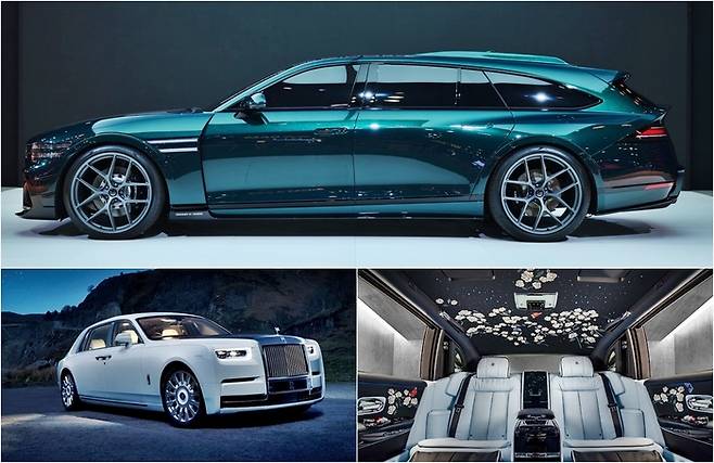 ‘원 오브 원’ 비스포크 정신을 담은 제네시스 G90 윙백 콘셉트, 롤스로이스 비스포크 차량인 로즈 팬텀, 롤스로이스 팬텀 트랭퀼리티 (위부터 시계방향) [사진출처=제네시스, 롤스로이스/편집=최기성 매경 디지털뉴스룸 기자]