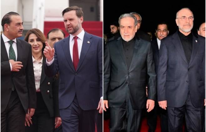 미국 대표단(왼쪽)과 이란 대표단. 연합뉴스