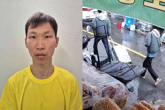 장모를 장시간 폭행해 살해한 뒤 시신을 캐리어에 담아 유기한 사위 조재복(26)의 신상정보가 지난 8일 공개됐다. 오른쪽은 지난달 18일 장모의 시신이 담긴 캐리어를 끌고 대구 신천으로 이동하는 모습. 대구경찰청 제공·연합뉴스