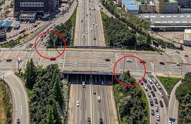 부평IC 전경. 빨간 표시는 역주행 시작 지점 2곳. [인천시 부평구 제공. 재판매 및 DB 금지]