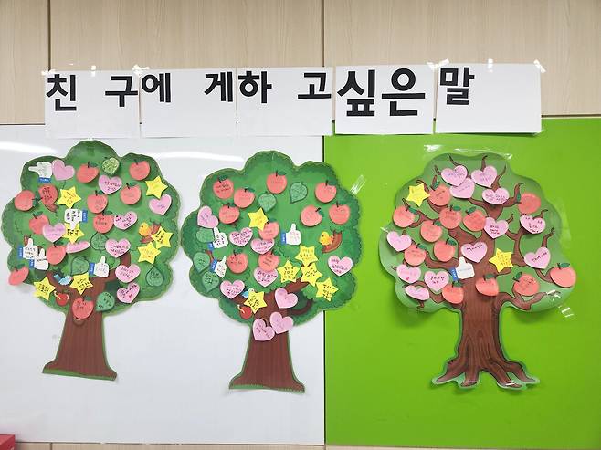 ▲ 중흥초등학교 학생들이 친구에게 하고 싶은 말을 남겨 완성한 우정 나무./사진제공=중흥초등학교