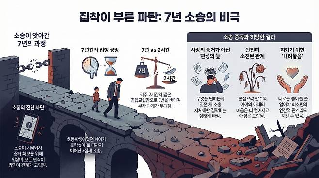 이혼을 막으려 7년간 3심 소송을 이어간 남편의 소송 중독은 아내도 아이도 모두 잃은 채 사랑마저 완전히 소진되는 허망한 결과였다./남도일보·AI 생성 이미지