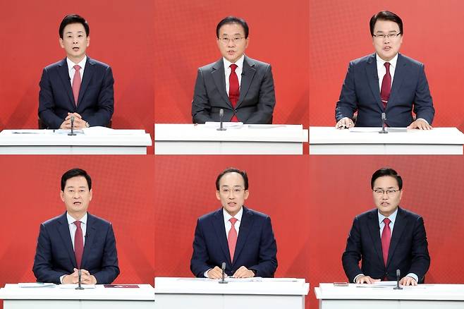 13일 오후 대구시 수성구 대구MBC에서 열린 ‘제9회 전국동시지방선거 국민의힘 대구시장 경선 비전토론회’에서 (왼쪽부터 시계방향)유영하·윤재옥·이재만·홍석준·추경호·최은석 예비후보가 각 자의 공약을 발표하고 있다. /이용선기자 photokid@kbmaeil.com