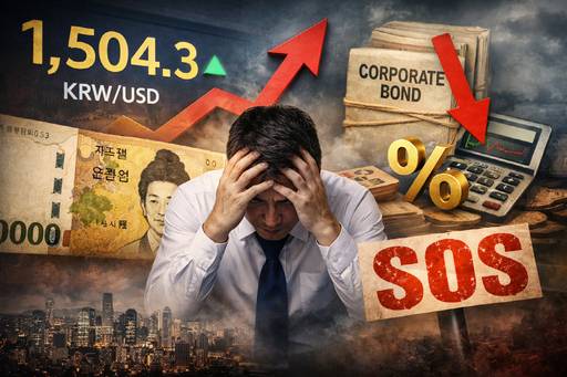 ChatGPT로 생성한 '고환율과 고금리 이중 압박으로 인해 자금조달에 난항을 겪는 국내 기업' 관련 이미지.