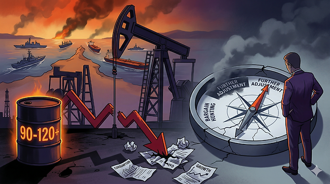 전쟁 종료 선언에도 불구하고 고유가 고착화와 호르무즈 해협의 지정학적 리스크가 경제 시스템에 구조적 충격을 가하면서, 안도 랠리보다는 추가 하락에 대비해야 한다는 시장의 냉정한 경고가 나오고 있다. 출처=제미나이 생성