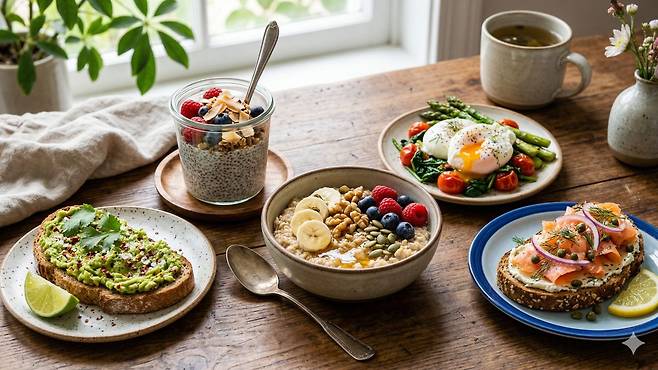 아보카도, 치아씨드, 달걀, 오트밀, 연어는 아침 식사로 즐기기 좋은 음식이다｜출처: Gemini 생성
