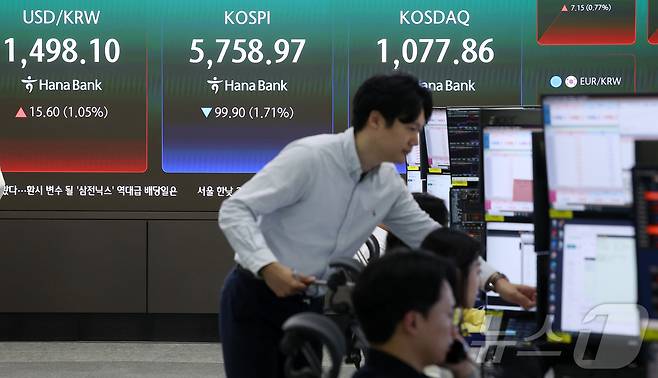 13일 오전 서울 중구 하나은행 본점 딜링룸에 개장 시황이 나오고 있다. 2026.4.13 ⓒ 뉴스1 김성진 기자