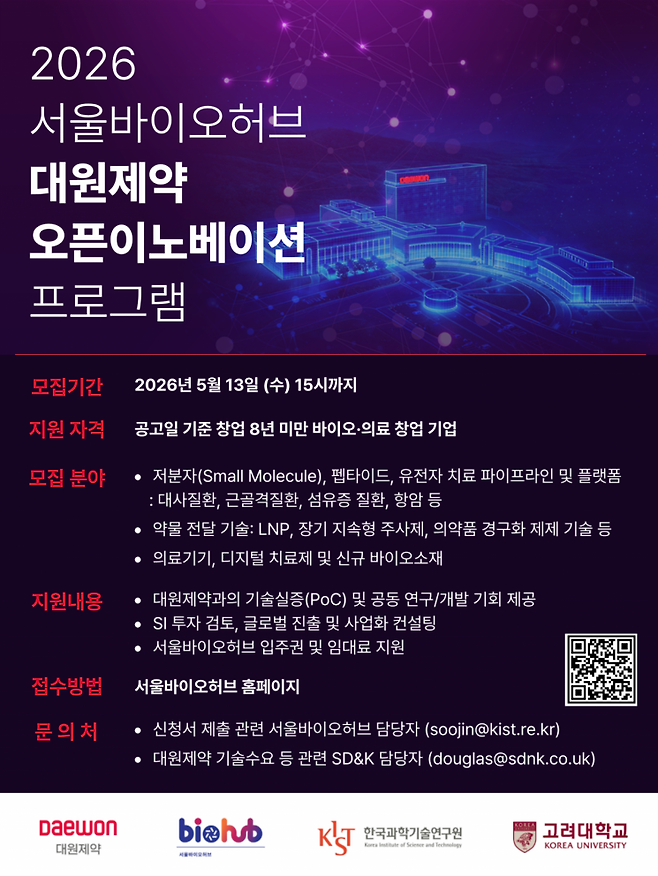 대원제약은 서울바이오허브와 함께 '2026년 서울바이오허브-대원제약 오픈이노베이션 프로그램'에 참여할 유망 제약·바이오 스타트업을 모집한다. 대원제약