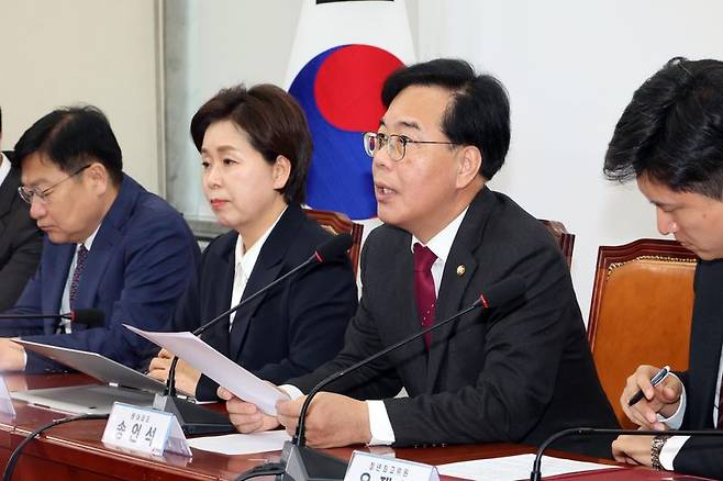 송언석 국민의힘 원내대표가 13일 국회에서열린 최고위원회의에서 발언을 하고 있다. 사진=박범준 기자