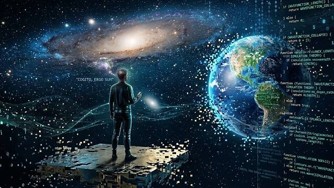 디지털 픽셀과 컴퓨터 코드로 이뤄진 우주와 지구를 인간이 “나는 생각한다, 고로 나는 존재한다”(Cogito, ergo sum)라고 말하며 바라보는 모습을 생성형 인공지능(AI) 제미나이3.0 플래시를 통해 그린 그림.