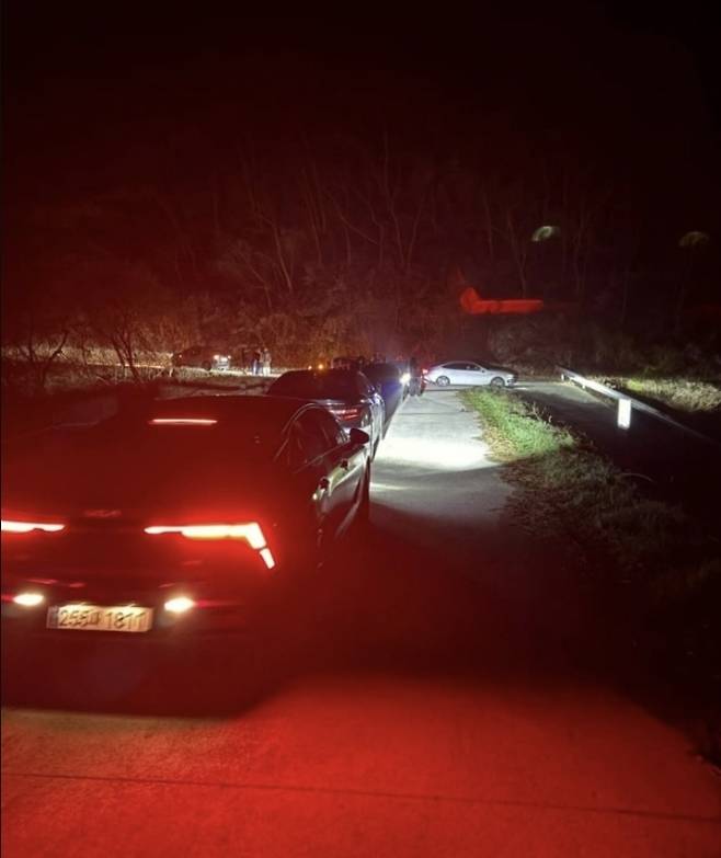 영화 ‘살목지’의 배경인 충남 예산군 살목지를 방문하려는 차량이 줄지어 서 있다. 자료 : 온라인 커뮤니티