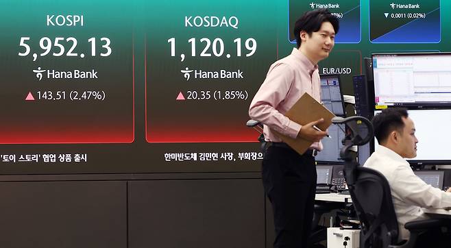 14일 오전 서울 중구 하나은행 본점 딜링룸 전광판에 코스피 지수 등이 나오고 있다. /뉴스1