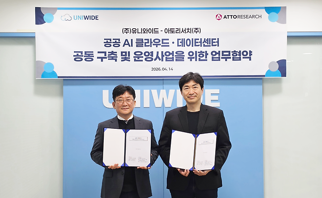 (왼쪽)김창환 유니와이드 대표와 정재웅 아토리서치 대표가 협약 체결 후 기념 촬영을 하고 있다.