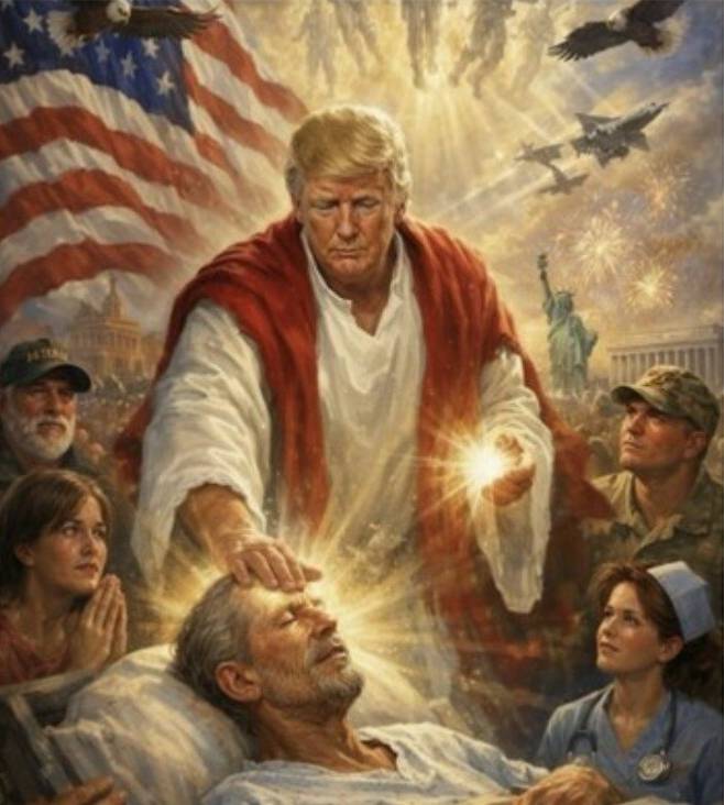 도널드 트럼프 미국 대통령이 12일 자신의 SNS 트루스소셜에 올렸다 12시간 만에 삭제한 AI 합성 사진. /사진=트루스소셜, 뉴시스