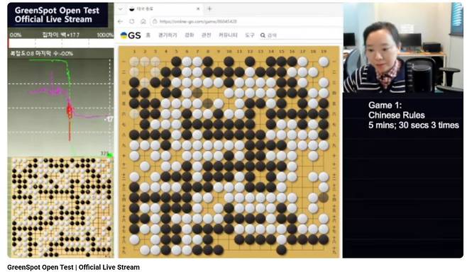 한국기원 소속 익명 프로기사가 인공지능과 대결에서 5점을 깔고 패배했다. 조혜연 9단 유튜브 생중계 화면 캡처