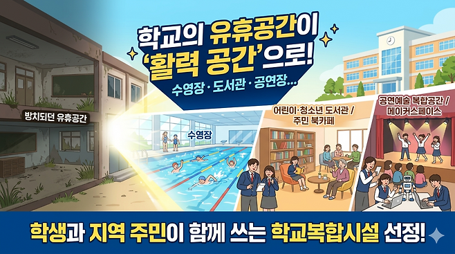학교 유휴공간이 수영장과 도서관·공연예술공간 등으로 바뀐다. 사진은 기사를 분석해 AI로 제작한 그림. [제미나이로 제작]