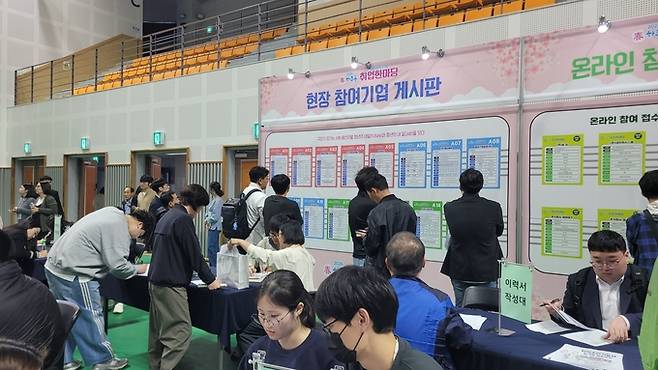 ▲ 구미시 복합스포체센터에서 열린 춘하추동 취업박람회에 참가한 구직자들이 구직 게시판과 이력서를 작성하고 있다. 경북일보DB